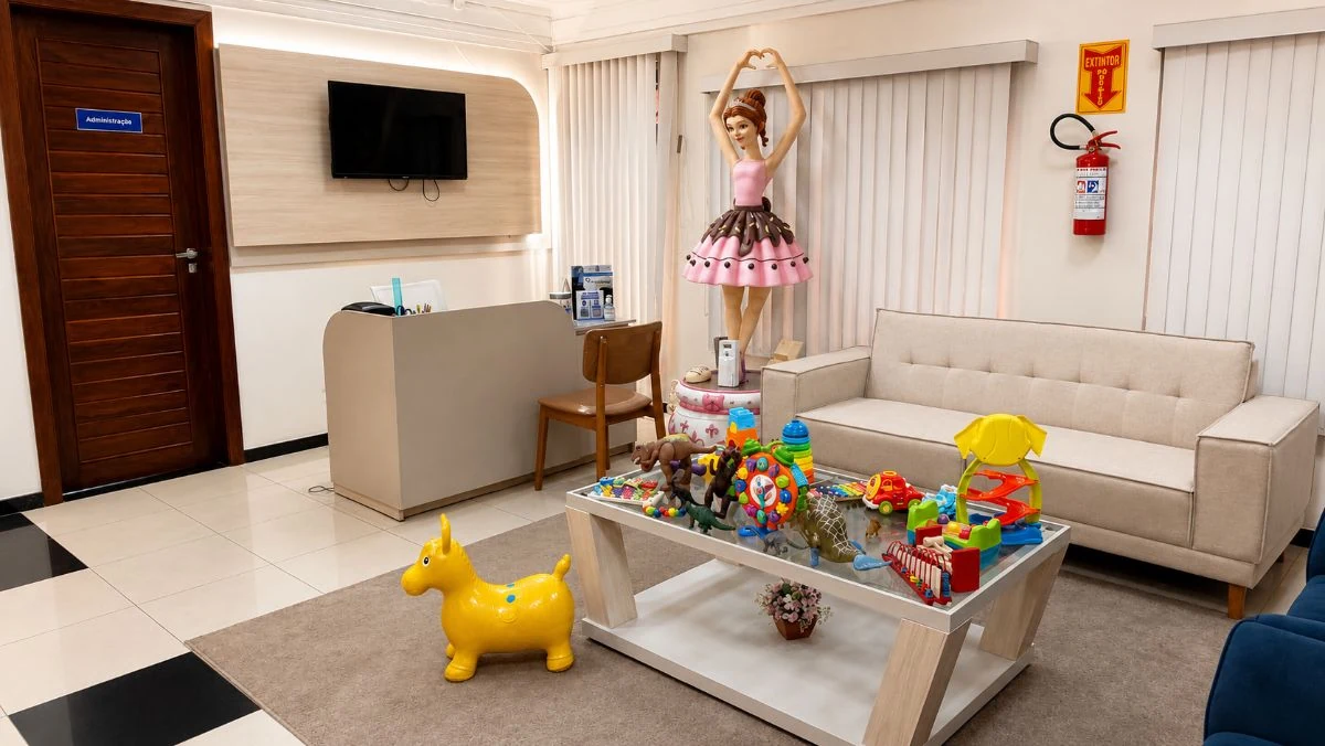 Sala de espera da Amar Vacinas com brinquedos, sofá e mesa de atividades