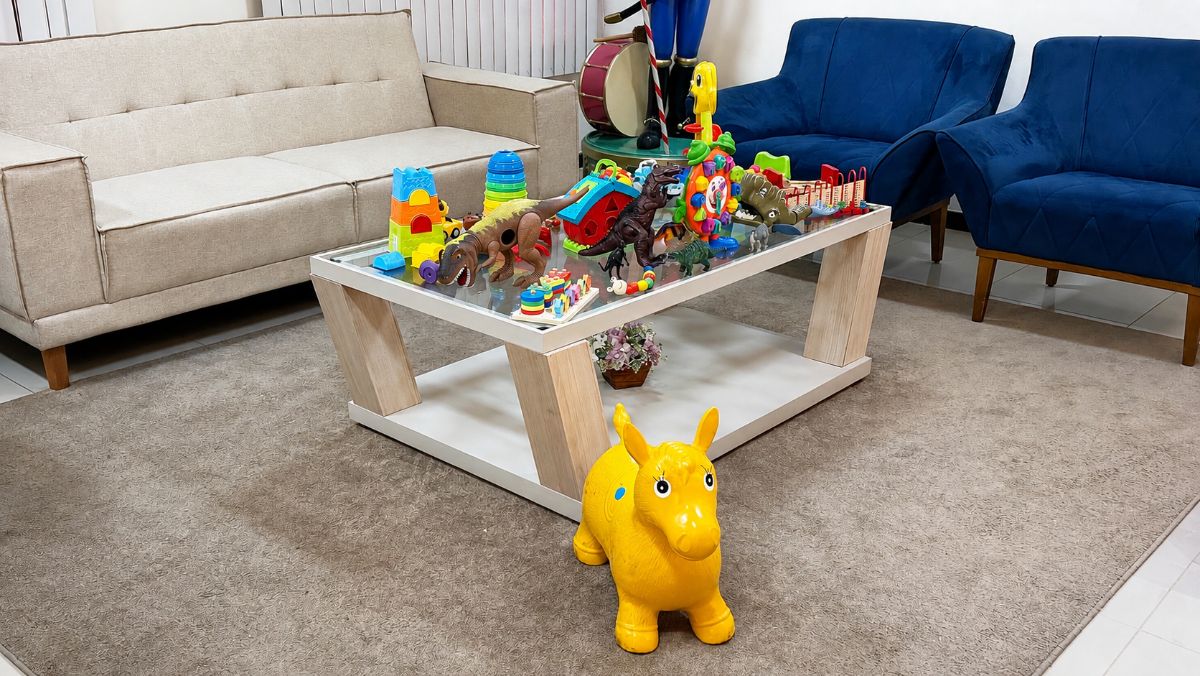 Mesa de brinquedos e cavalinho na sala de espera