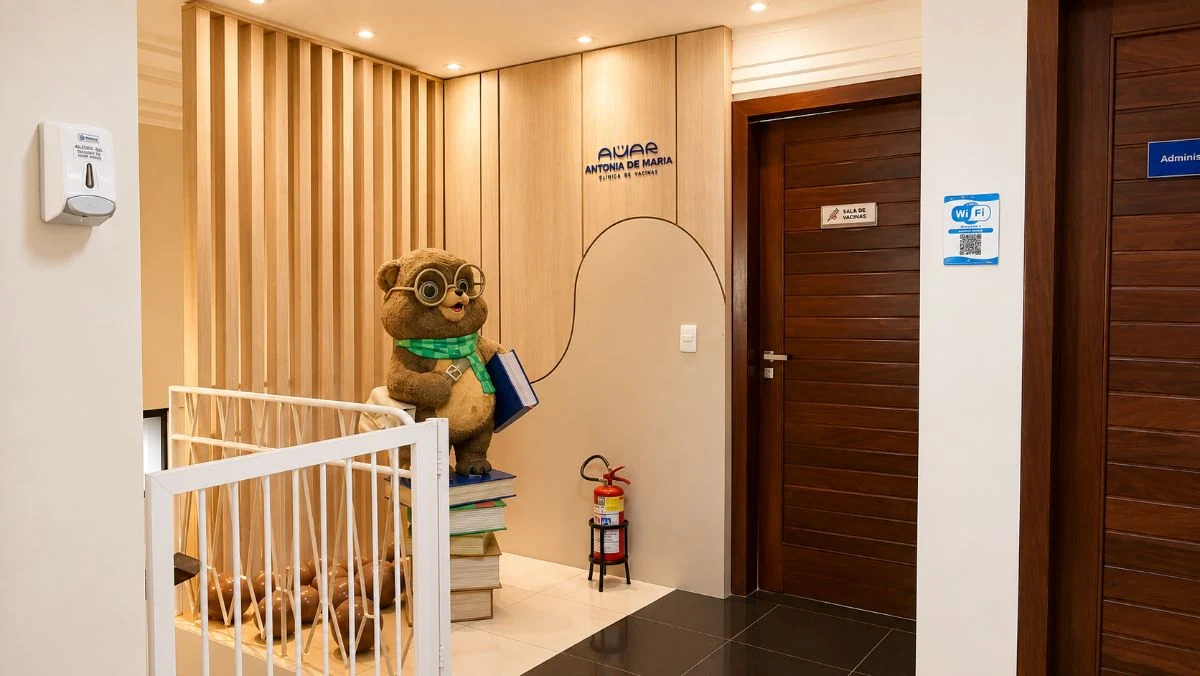 Corredor da clínica com a marca Amar na parede e a porta da sala de vacinas
