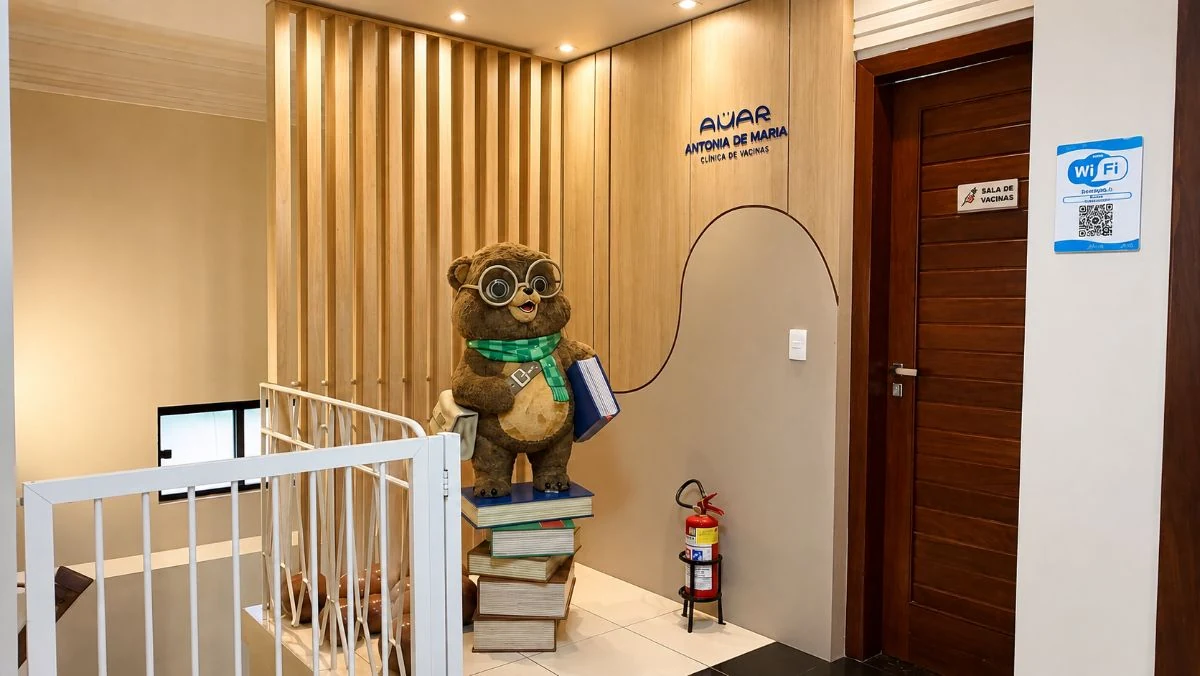 Urso de pelúcia gigante na entrada da sala de vacinas